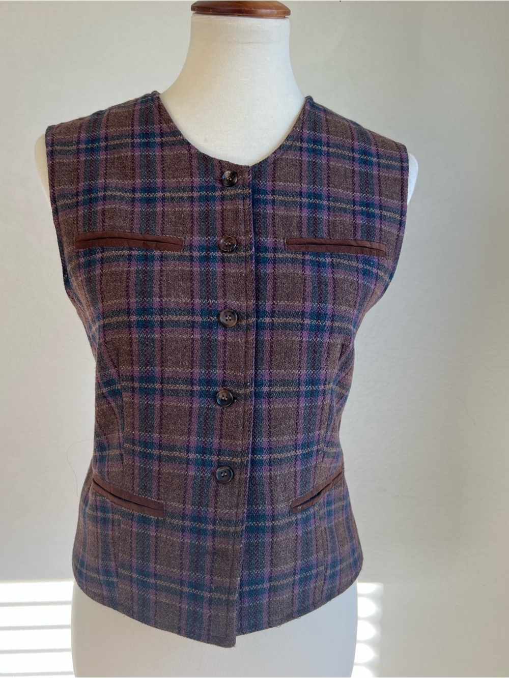 Vintage Womens Brown Plaid Sleeveless Vest with Purple & Blue Accents